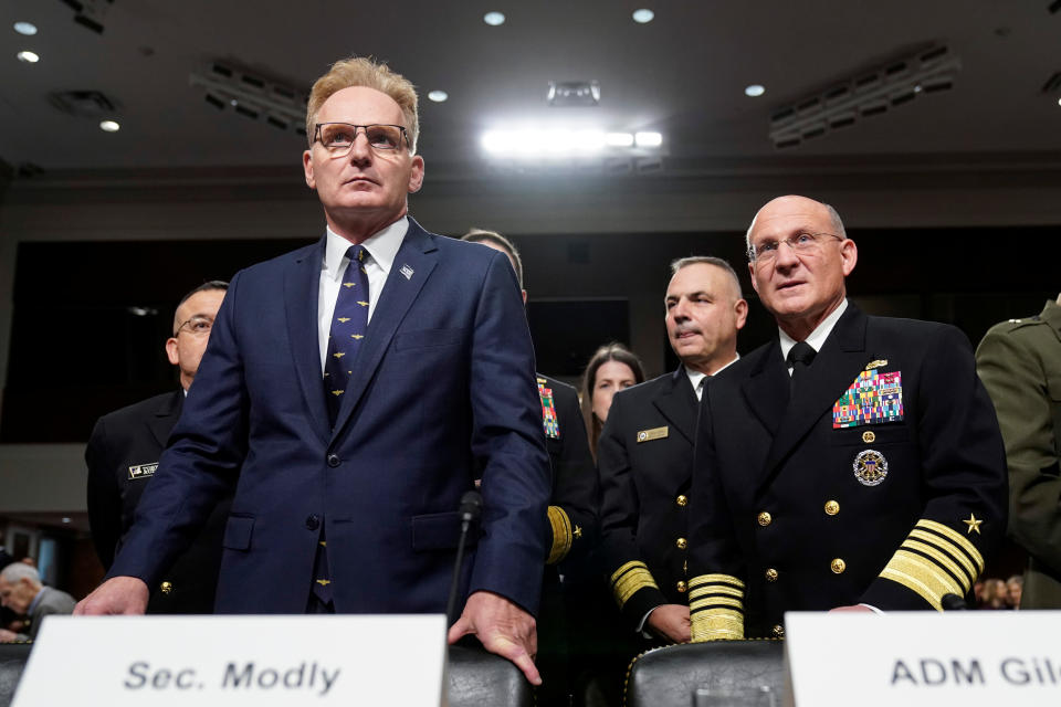 Acting Secretary of the Navy Thomas Modly and Navy Adm. Michael Gilday, chief of naval operations, prepare to testify Capitol Hill in Washington, U.S., December 3, 2019.      (Joshua Roberts/Reuters)