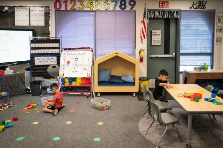 Students play in the transitional kindergarten program at Westwood Elementary School in Stockton on Sept. 22. (Loren Elliott/CalMatters)<br>