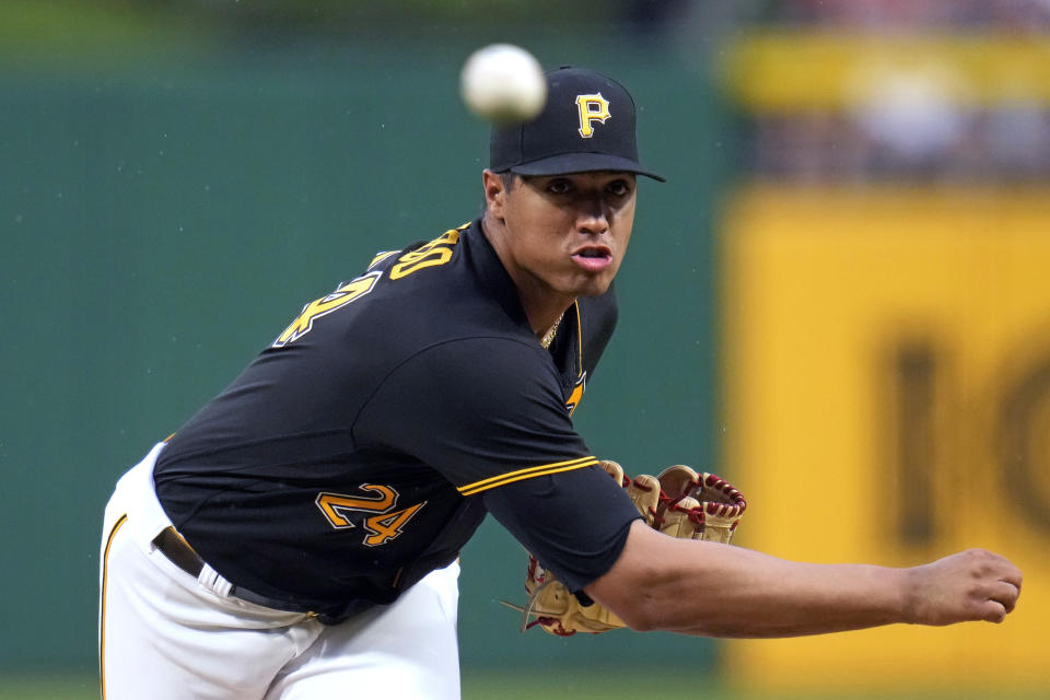 Pittsburgh Pirates starting pitcher Johan Oviedo delivers to a San Francisco Giants batter during the first inning of a baseball game in Pittsburgh, Saturday, July 15, 2023. (AP Photo/Gene J. Puskar)