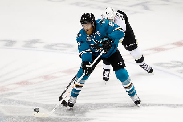 SAN JOSE, CA - JUNE 12: Joe Pavelski #8 of the San Jose Sharks is pursued by Patric Hornqvist #72 of the Pittsburgh Penguins during the first period in Game Six of the 2016 NHL Stanley Cup Final at SAP Center on June 12, 2016 in San Jose, California. (Photo by Christian Petersen/Getty Images)