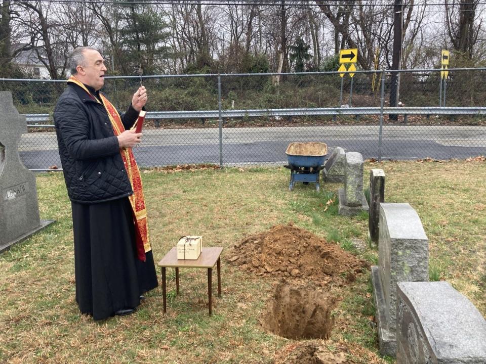 Father Wasyl Kharuk of St Michael’s Ukrainian Catholic Church  performs a panachida at the grave of Casimir Shynkaruk, which until March 25, 2023 were the longest held unclaimed remains in the Bucks County Coroner's office.