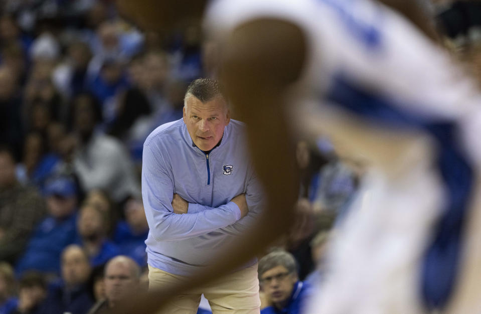 Creighton head coach Greg McDermott watches as his team plays against St. Thomas during the first half of an NCAA college basketball game on Monday, Nov. 7, 2022, in Omaha, Neb. (AP Photo/Rebecca S. Gratz)