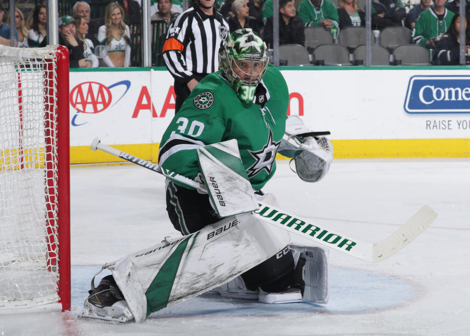 DALLAS, TX - MARCH 19: Ben Bishop #30 of the Dallas Stars tends goal against the Florida Panthers at the American Airlines Center on March 19, 2019 in Dallas, Texas. (Photo by Glenn James/NHLI via Getty Images)