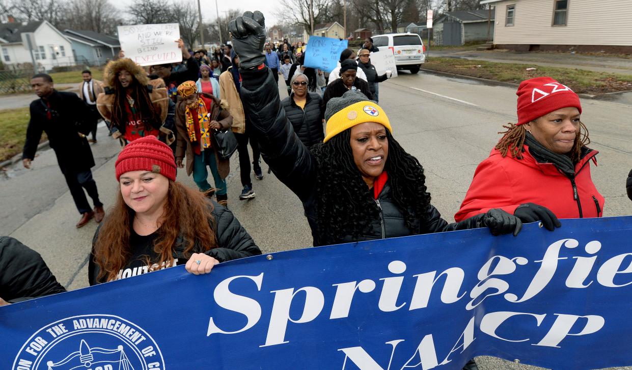 NAACP state conference and Springfield branch president Teresa Haley (middle), in a file photo from earlier in 2023.