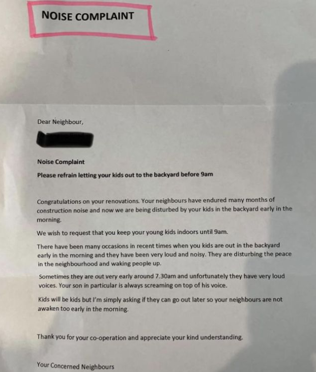 sydney family noise complaint letter  in lockdown