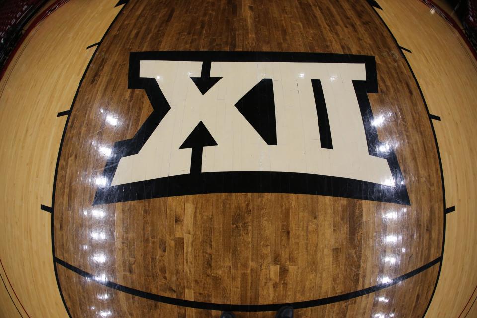 Mar 7, 2020; Lubbock, Texas, USA;  A general view of the Big 12 Logo on the floor at United Supermarkets Arena before the game between the Texas Tech Red Raiders and the Kansas Jayhawks.