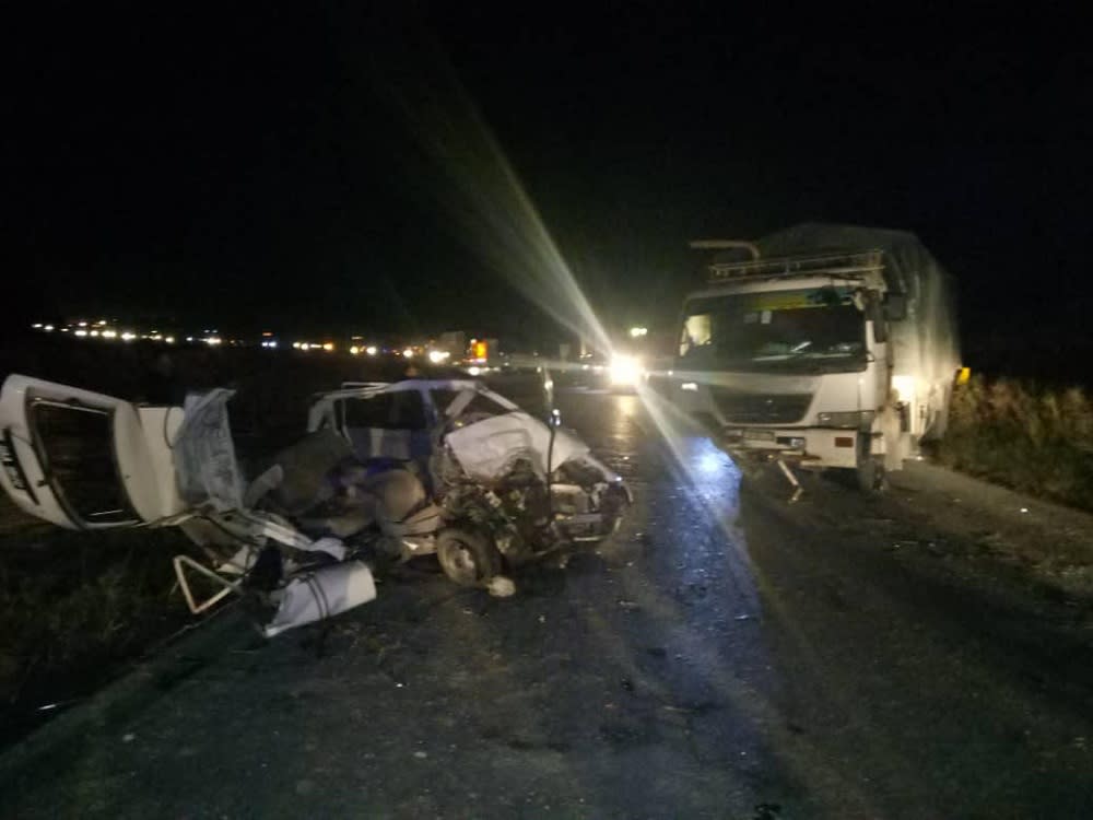 The car is in a total wreck after colliding with a lorry August 23, 2019. — Picture courtesy of Sri Aman Fire and Rescue Department