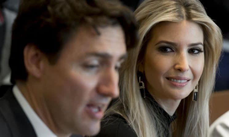 Ivanka Trump and Justin Trudeau at a roundtable discussion at the White House on Monday. Photograph: Saul Loeb/AFP/Getty Images