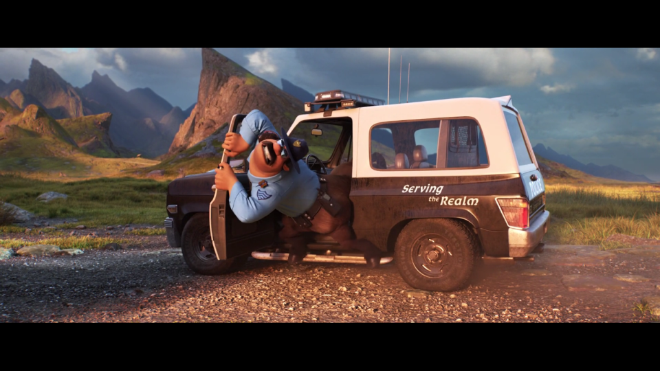 <span class="caption">Le centaure policier n’arrivant pas à sortir de sa voiture de fonction (En Avant, Pixar).</span> <span class="attribution"><span class="source">Disney/Pixar</span></span>