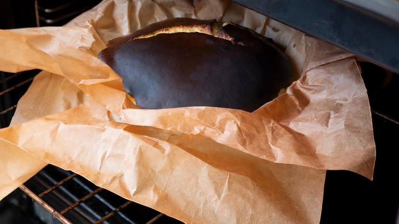 Pan with overhanging parchment paper 