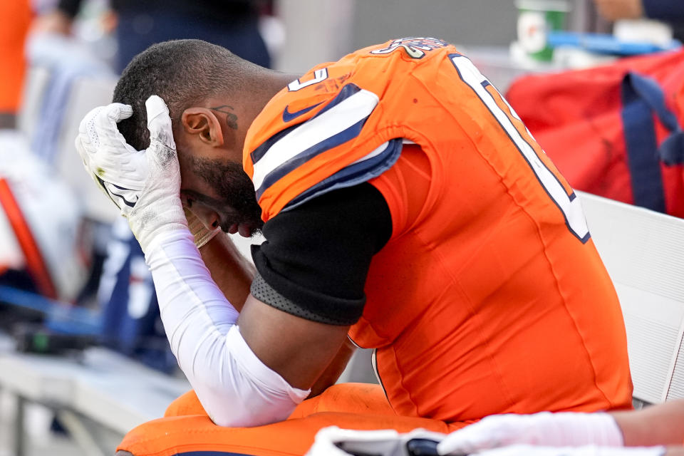 Denver Broncos linebacker Jonathon Cooper reacts to their loss against the New York Jets in an NFL football game Sunday, Oct. 8, 2023, in Denver. (AP Photo/Jack Dempsey)