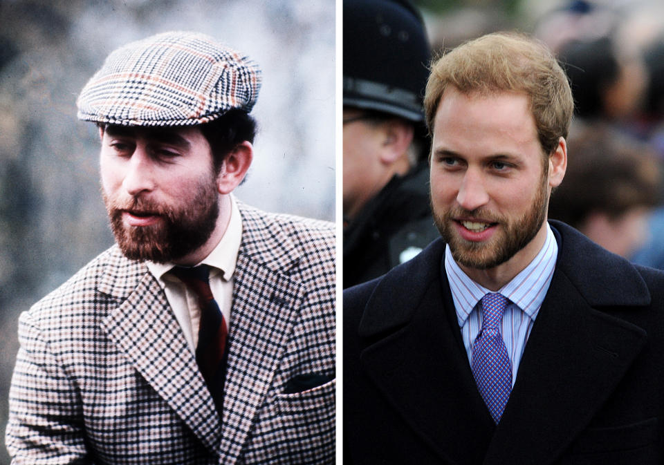 SANDRINGHAM, ENGLAND – DECEMBER 25: In this composite photo, a comparison is drawn between Prince Charles, Prince of Wales (left), seen with a beard in Badminton, England in 1976, and Prince William (right) attending the Christmas service at St. Mary Magdelene Church on December 25, 2008 in Sandringham, England. (Photo by Anwar Hussein/WireImage)