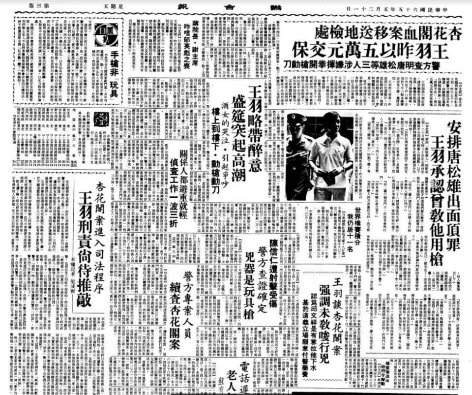王羽杏花閣血案1976.05.21聯合報報導內容。（翻攝國家圖書館電子資料庫）