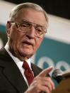 FILE - In a March 14, 2005, file photo, former Vice President Walter Mondale speaks during the Second Annual Hoover-Wallace Dinner before receiving a Hoover-Wallace Humanitarian Leadership Award in Des Moines, Iowa. Mondale, a liberal icon who lost the most lopsided presidential election after bluntly telling voters to expect a tax increase if he won, died Monday, April 19, 2021. He was 93. (AP Photo/Eric Rowley, File)