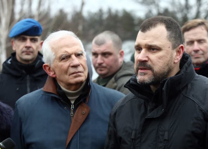 High Representative of the European Union for Foreign Affairs and Security Policy, Vice-President of the European Commission Josep Borrell Fontelles (L) and Minister of Internal Affairs of Ukraine Ihor Klymenko inspect the training of coaches for law enforcers working in the de-occupied territories and the evacuation at one of the locations of the National Academy of Internal Affairs. -/https://photonew.ukrinform.com/ Ukrinform/dpa