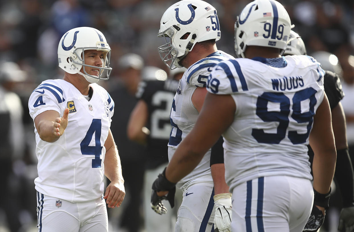 Adam Vinatieri has to be his old reliable self in a tough divisional matchup. (AP Photo/Ben Margot)