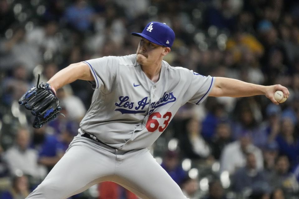 Los Angeles Dodgers' Justin Bruihl throws during the third inning of a baseball game against the Milwaukee Brewers Tuesday, May 9, 2023, in Milwaukee. (AP Photo/Morry Gash)