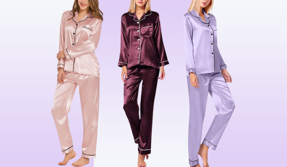 women wearing pink, burgundy, and lavender silk pajamas for Valentine's Day