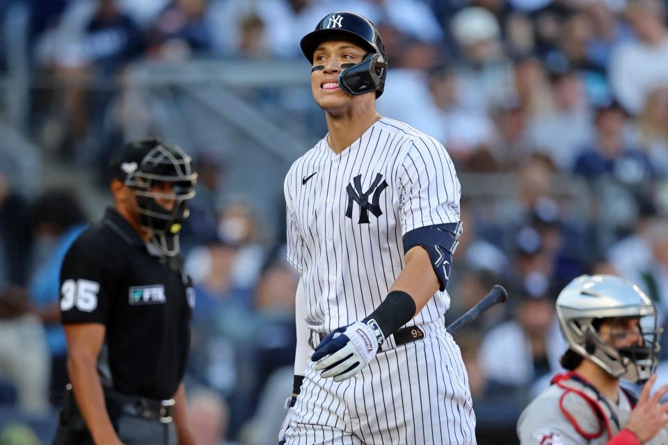 New York Yankees right fielder Aaron Judge reacts after striking out during the seventh inning against the Cleveland Guardians.