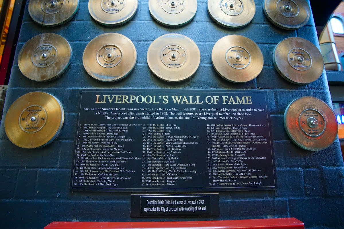 Liverpool’s Pop Music Wall of Fame following the announcement that the new Beatles single, Now And Then, which has become their 18th number one single, is to be immortalised on the wall (Peter Byrne/PA) (PA Wire)
