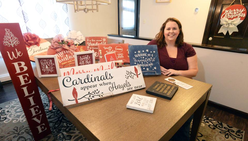 Lisa Casey makes custom designs from scratch at her home in Bridgewater that she sells through Purple Giraffe Design, pictured Saturday, Nov. 27, 2021.