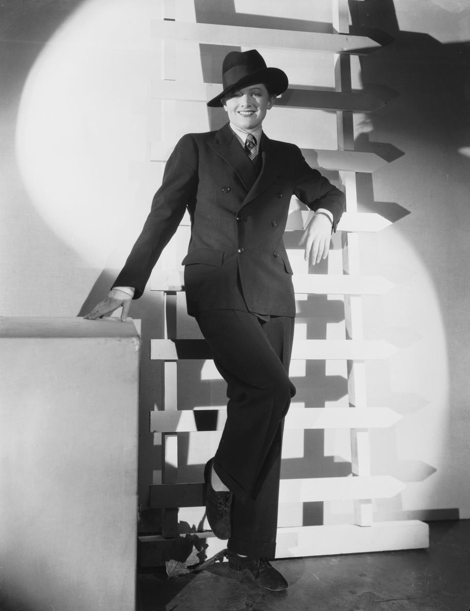 Loy wears a man's suit and hat for a publicity photograph before the release of "The Thin Man," in April 1934.