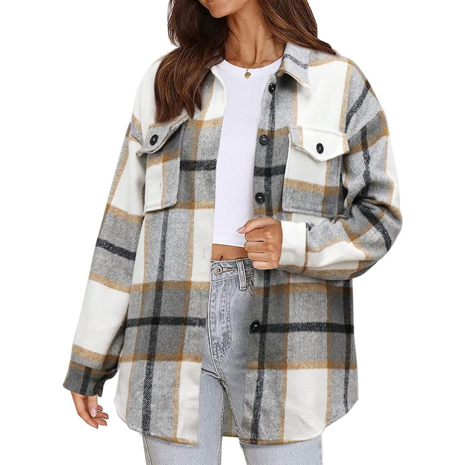 Beaully Women's Flannel Plaid Jacket Long Sleeve Button Down Chest Pocketed Shirts Coats Shacket