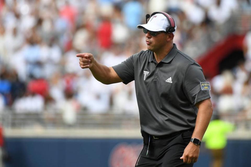 Troy head coach Jon Sumrall, now headed to Tulane, reacts during the first half of a game against Ole Miss in Oxford, Mississippi on Sept. 3.