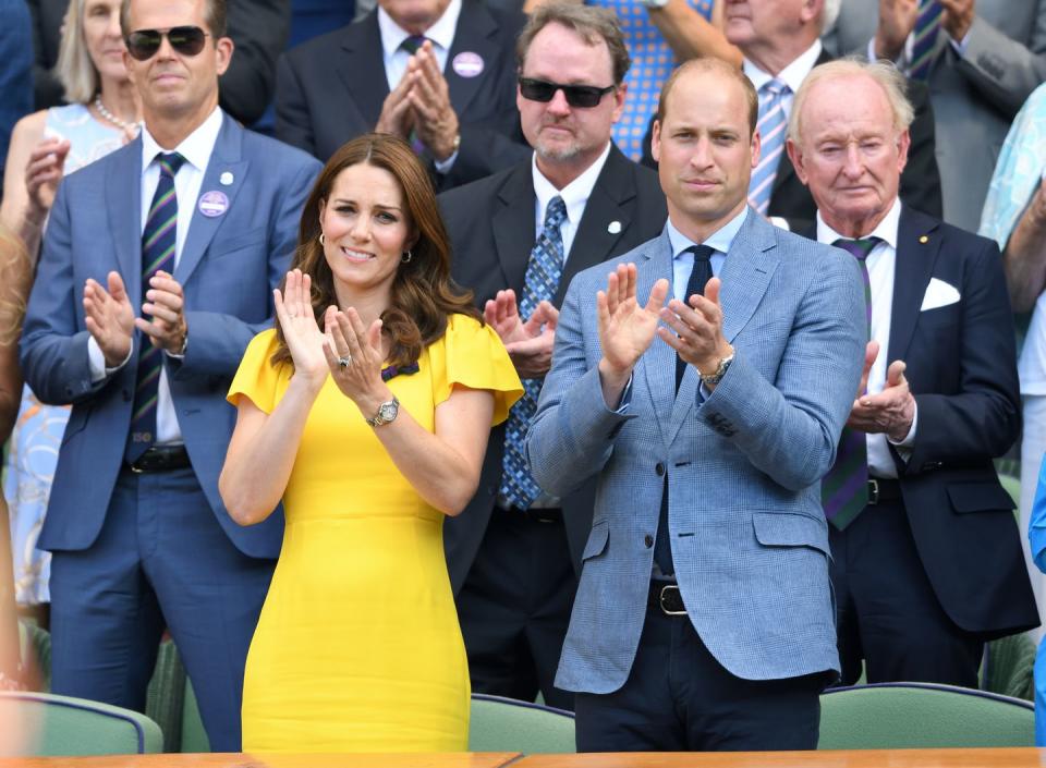 <p>Kate attends the Men's Singles at Wimbledon with husband Prince William. The Duchess is wearing a <a rel="nofollow noopener" href="https://www.harpersbazaar.com/celebrity/latest/a22149957/kate-middleton-wimbledon-2018-meghan-markle-yellow-dress/" target="_blank" data-ylk="slk:dress by Dolce & Gabbana;elm:context_link;itc:0;sec:content-canvas" class="link ">dress by Dolce & Gabbana</a>.</p>