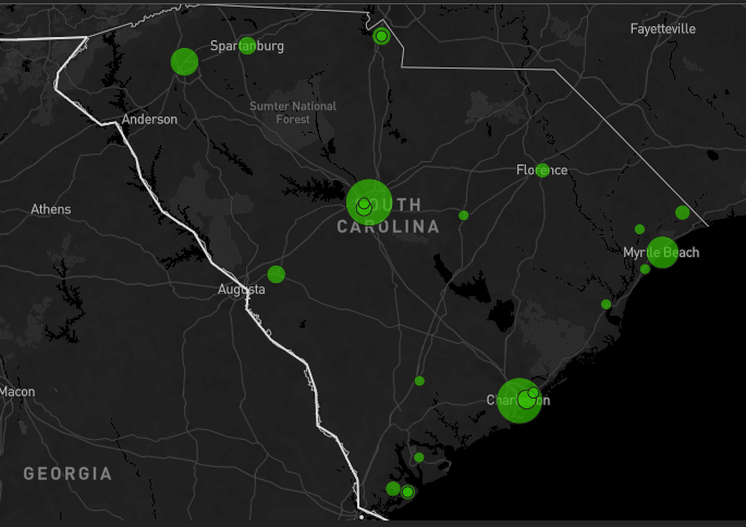 <em>ADL’s H.E.A.T. map shows specific incidents of antisemitism in South Carolina in 2023. Bubbles are sized based on the number of incidents (ADL)</em>