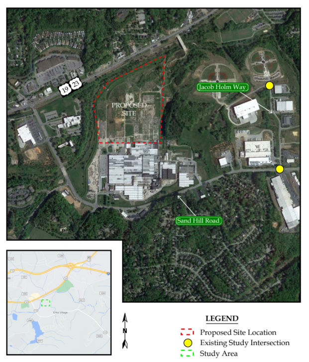 The 45.5 acre parcel requested for a conditional rezoning to include three light industrial use buildings in Enka Commerce Park.