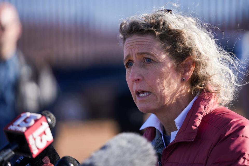 Rep. Jen Kiggans, R-Va., speaks during a press conference in front of the U.S.-Mexico border south of Sierra Vista on Thursday, Feb. 16, 2023, in Hereford.