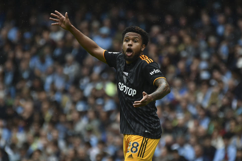 Leeds United's Weston McKennie reacts during the English Premier League soccer match between Manchester City and Leeds United at Etihad stadium in Manchester, England, Saturday, May 6, 2023. (AP Photo/Rui Vieira)