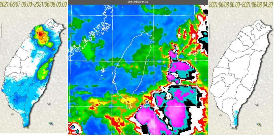中央氣象局天氣圖顯示午後北台灣有強對流發展(左圖)。8日清晨4：30紅外線色調強化雲圖顯示，強對流系統在台灣東側海面(中圖)；4：30雨量累積圖顯示，恆春半島有短暫降雨(右圖)。（圖取自「三立準氣象· 老大洩天機」專欄）

