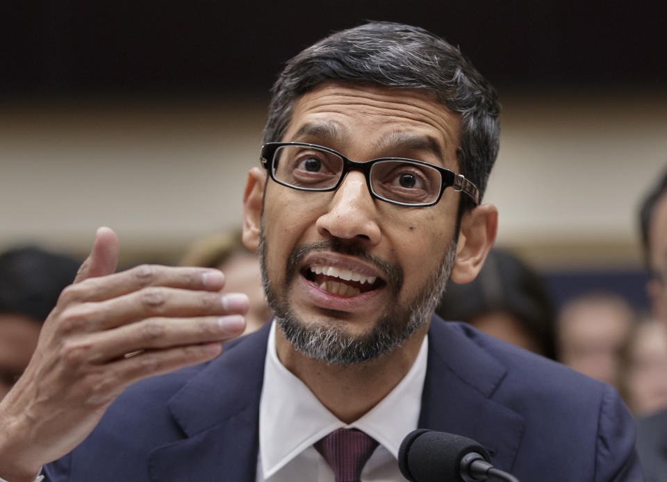 Google CEO Sundar Pichai appears before the House Judiciary Committee to be questioned about the internet giant's privacy security and data collection, on Capitol Hill in Washington, Tuesday, Dec. 11, 2018. Pichai angered members of a Senate panel in September by declining their invitation to testify about foreign governments' manipulation of online services to sway U.S. political elections. (AP Photo/J. Scott Applewhite)