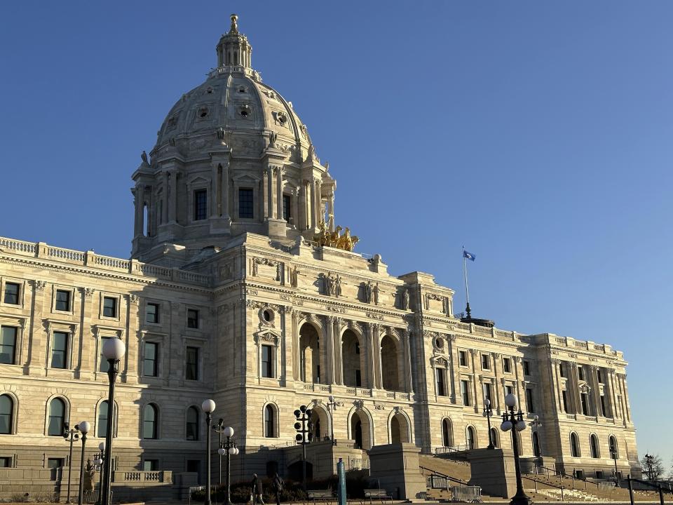 The sun shines on the Minnesota State Capitol on Monday, Feb. 12, 2024, in St. Paul, on the opening day of the 2024 session of the Minnesota Legislature. Lawmakers have a relatively modest agenda ahead after a momentous 2023 session that saw Democrats use their newfound full control of the statehouse to enact an ambitious list of their priorities. (AP Photo/Steve Karnowski)