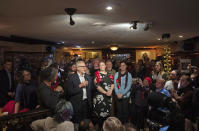 Labour leader Jeremy Corbyn speaks to people during a visit to the Royal Scot Pub in Carlisle, England while on the General Election campaign trail, Tuesday Dec. 10, 2019. (Joe Giddens/PA via AP)