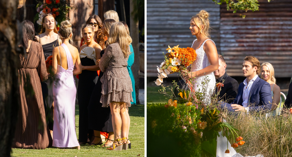 MAFS bride Eden Harper’s wedding guests looking confused / Eden walking down the aisle next to Mitch Eynaud.