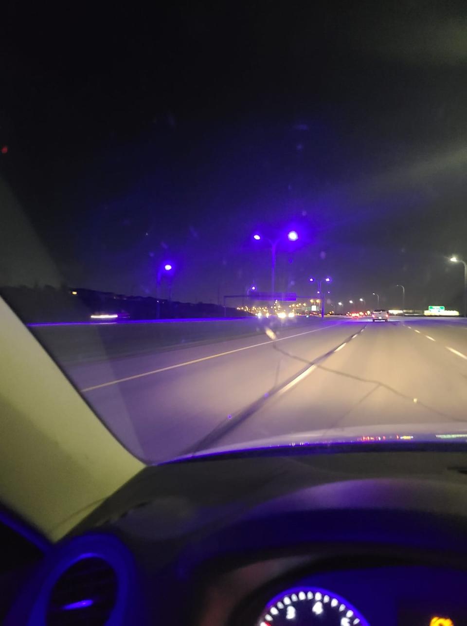Blue (or purple) street lights on Stoney Trail in south Calgary. (Submitted by Michelle Nolan - image credit)
