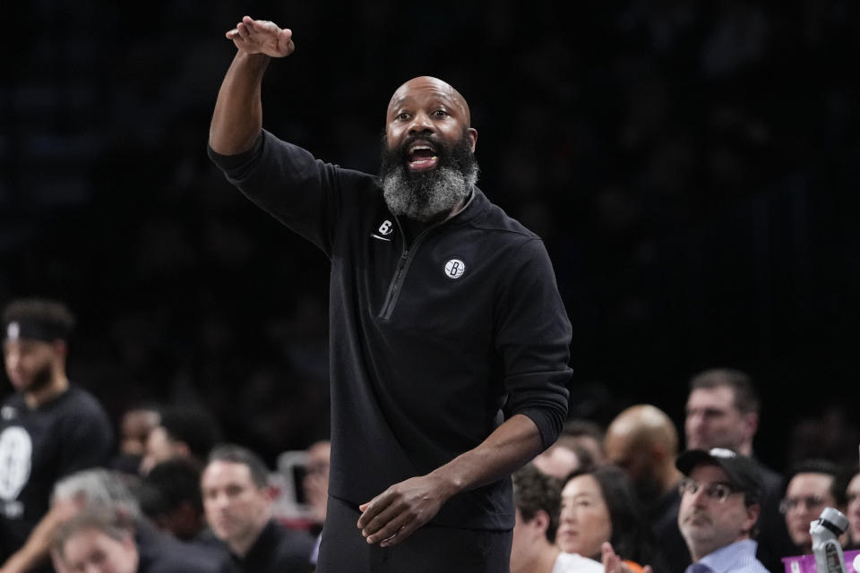 Brooklyn Nets coach Jacque Vaughn gestures during the first half of the team's NBA basketball game against the Atlanta Hawks, Friday, March 31, 2023, in New York. (AP Photo/Mary Altaffer)