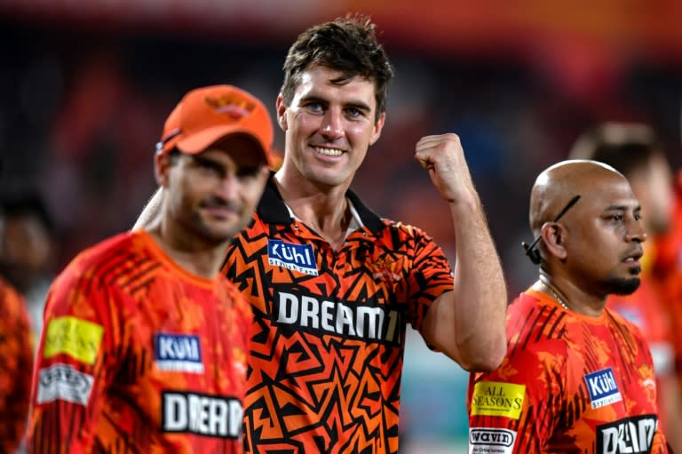 Sunrisers Hyderabad captain Pat Cummins (centre) celebrates victory over Punjab Kings on Sunday (Noah SEELAM)