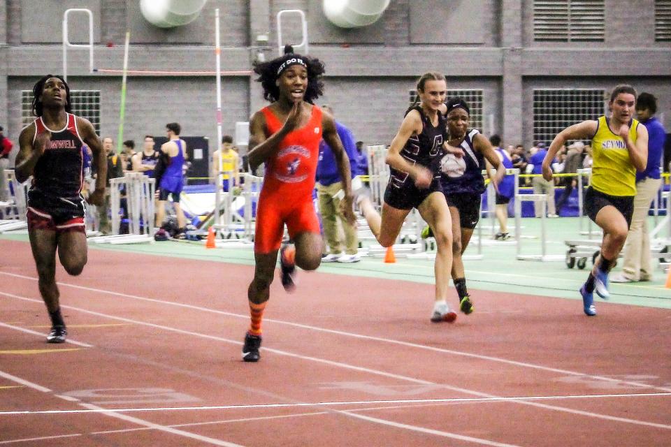 Bloomfield High School transgender athlete Terry Miller, second from left, wins the final of the 55-meter dash over transgender athlete Andraya Yearwood, far left, and other runners in the Connecticut girls Class S indoor track meet at Hillhouse High School in New Haven, Conn., Feb. 7, 2019.