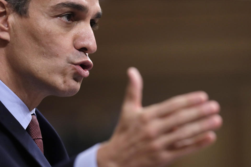 Spain's Prime Minister Pedro Sanchez delivers a speech in a parliamentary session in Madrid, Spain, Wednesday Oct. 21, 2020. Spanish Prime Minister Pedro Sanchez faces a no confidence vote in Parliament put forth by the far right opposition party VOX. (AP Photo/Manu Fernandez, Pool)