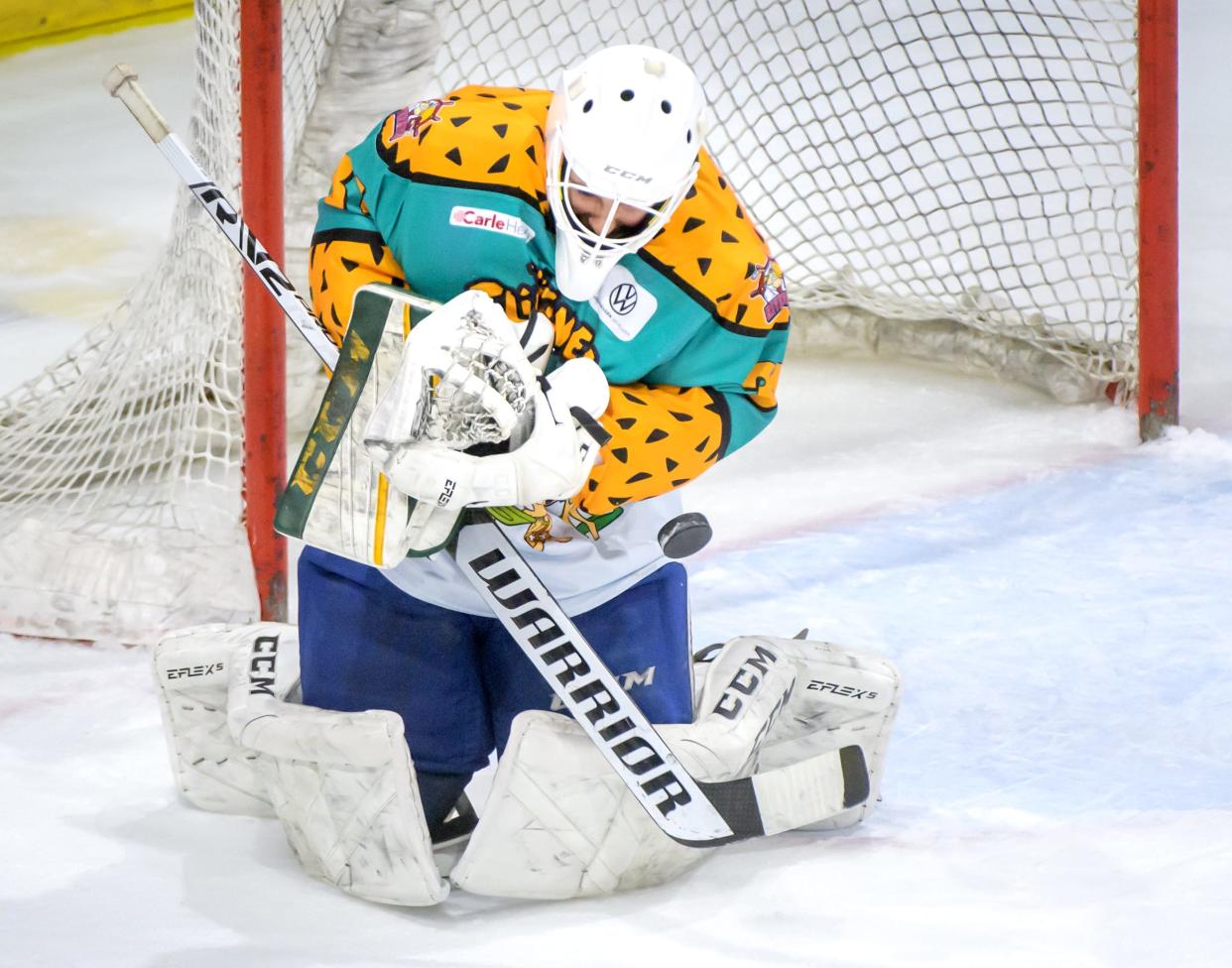 Peoria goaltender Nick Latinovich stops a shot from Evansville in the third period Friday, Dec. 8, 2023 at Carver Arena. The Rivermen defeated the Thunderbolts 5-4.