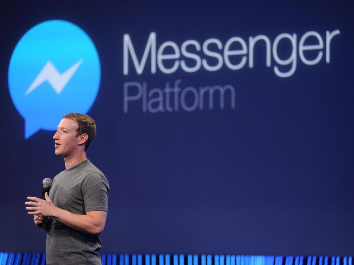 Facebook co-founder Mark Zuckerberg speaks about Messenger at the F8 conference in 2015: Josh Edelson/AFP/Getty Images