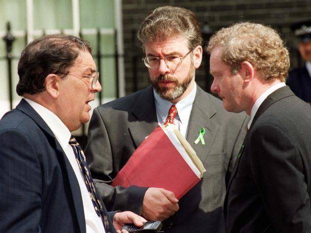 John Hume with Gerry Adams and Martin McGuinness during talks