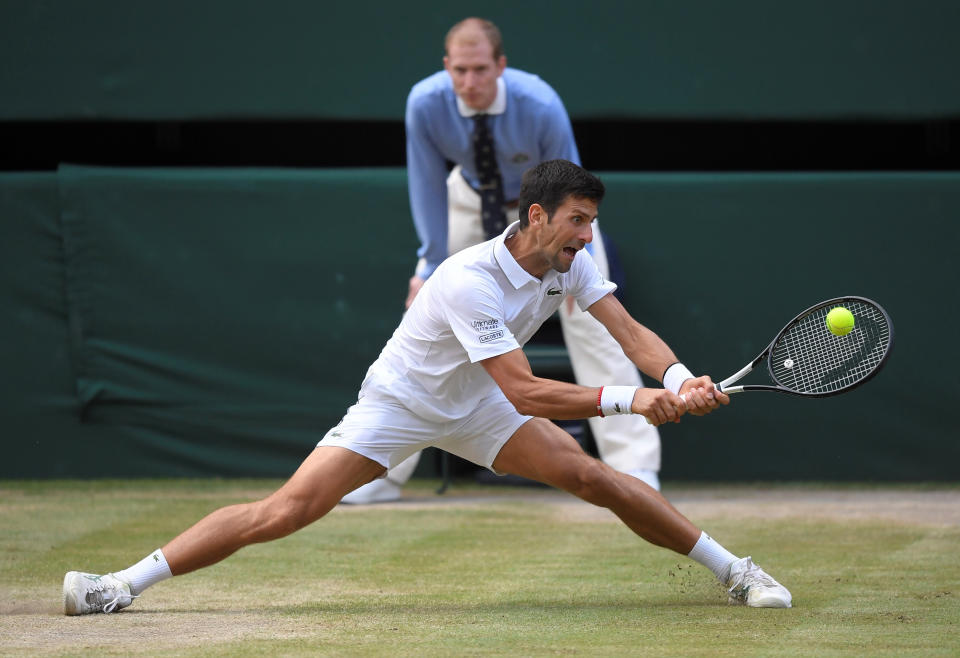 Tennis - Wimbledon - All England Lawn Tennis and Croquet Club, London, Britain - July 14, 2019  Serbia's Novak Djokovic in action during the final against Switzerland's Roger Federer  REUTERS/Toby Melville