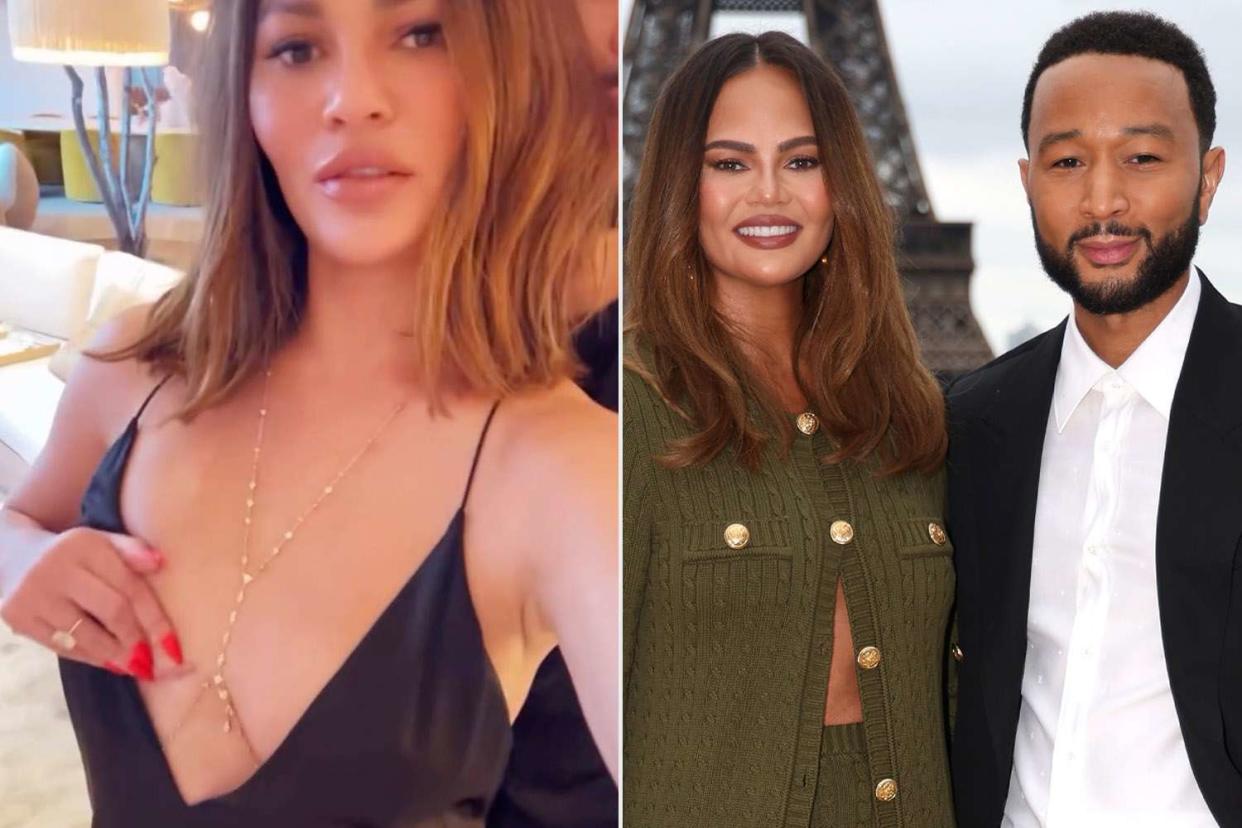 <p>Chrissy Teigen/Instagram; Matthew Stockman/Getty</p> Chrissy Teigan shows her scar (left); with John Legend in Paris (right) 