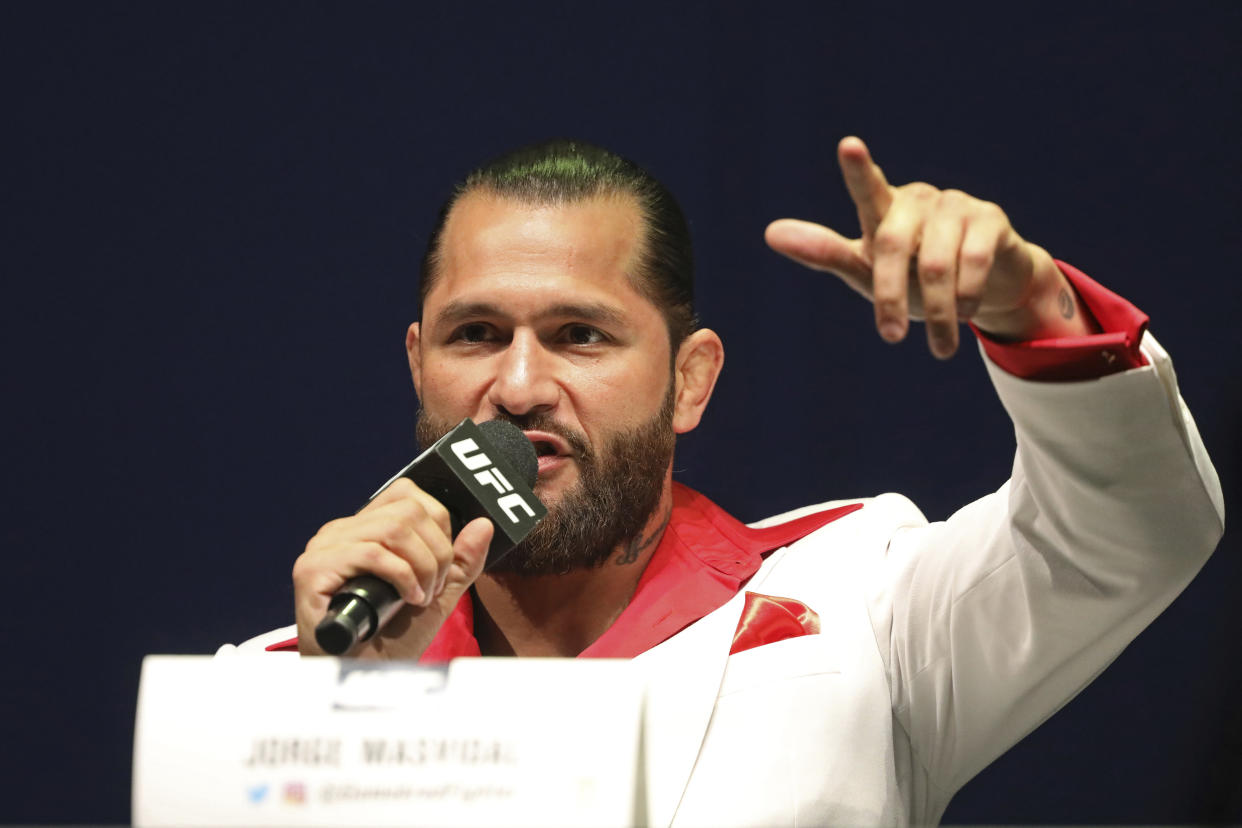 Jorge Masvidal speaks at a news conference for the UFC 244 mixed martial arts event, Thursday, Sept. 19, 2019, in New York. Masvidal is scheduled to fight Diaz Saturday, November 2 at Madison Square Garden. (AP Photo/Gregory Payan)