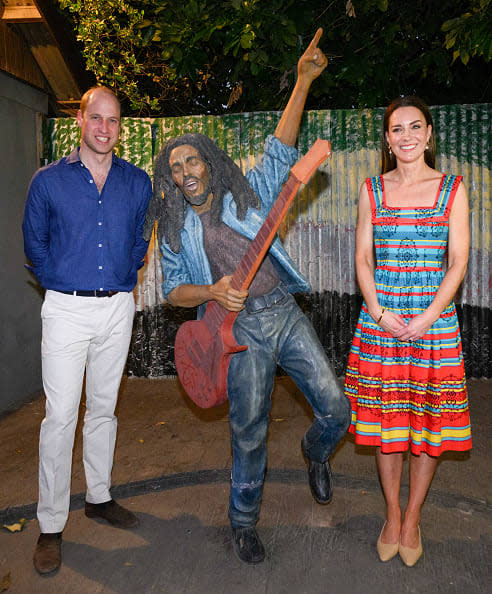 <div class="inline-image__caption"><p>Prince William, Duke of Cambridge and Catherine, Duchess of Cambridge visit Trench Town Culture Yard Museum where Bob Marley used to live, on day four of the Platinum Jubilee Royal Tour of the Caribbean on March 22, 2022 in Kingston, Jamaica.</p></div> <div class="inline-image__credit">Pool/Samir Hussein/WireImage</div>